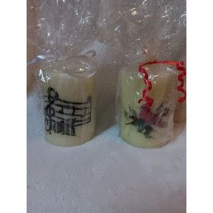 Lot of 2 Vintage Christmas 4" Holiday Pillar Candles Cardinal Music Note Scented